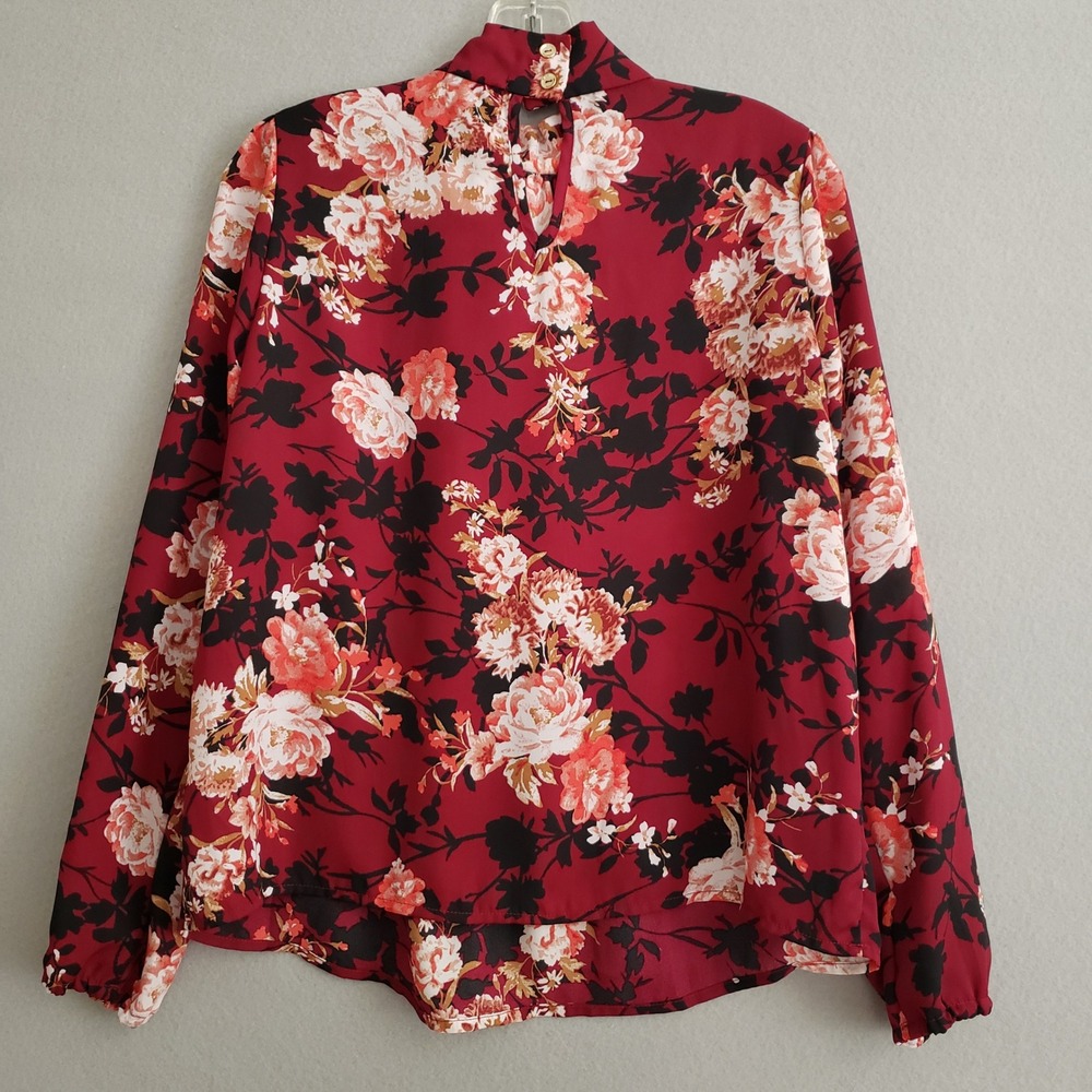 CURE. Womens M Blouse Burgundy Floral Tie Neck Long Sleeve Career Top M4-2924 - Picture 6 of 13